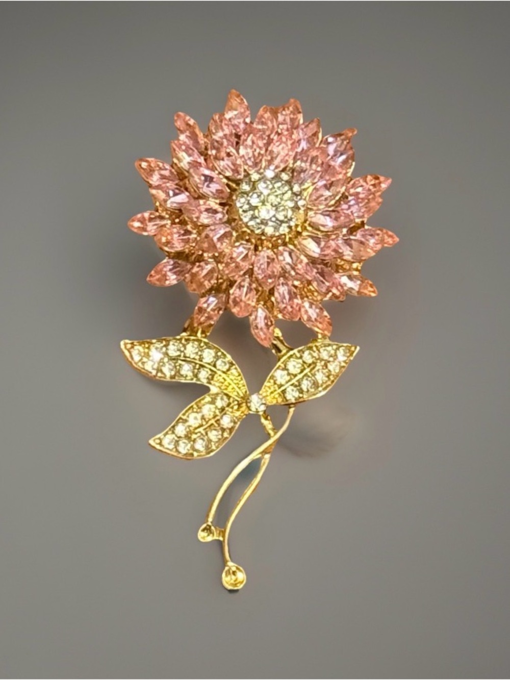 Gold-Tone Pink Flower Brooch with Rhinestones - Elegant Floral Pin